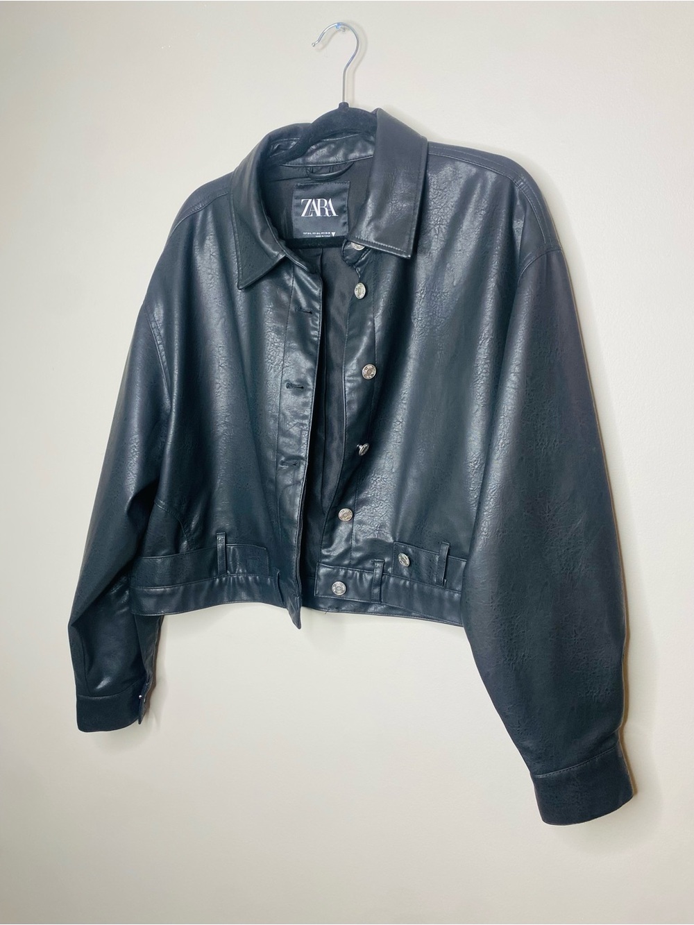 Zara Cropped Black Leather Bomber Jacket Size M/L